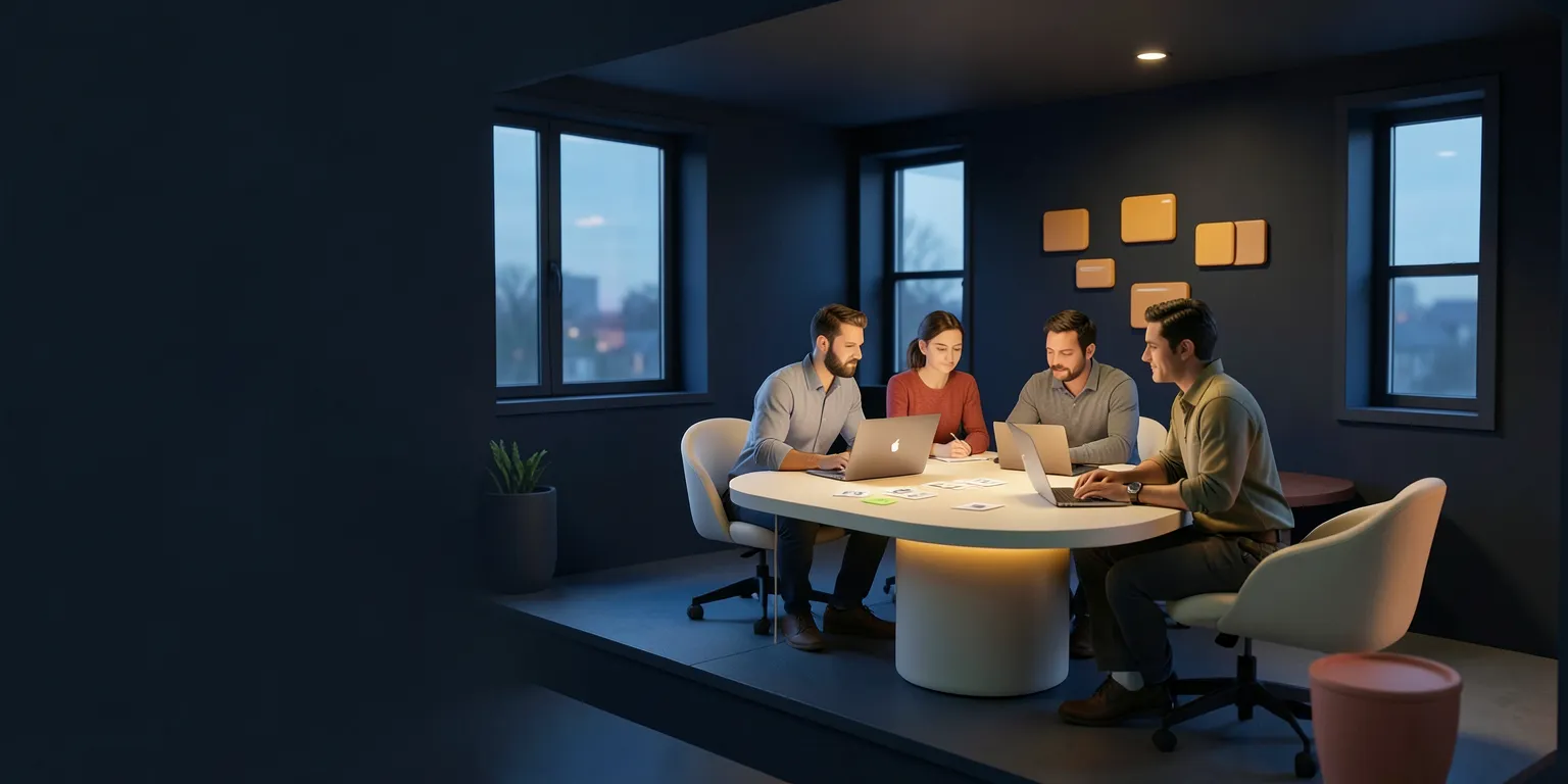 Generated illustration of a team discussing an incident around a shared table